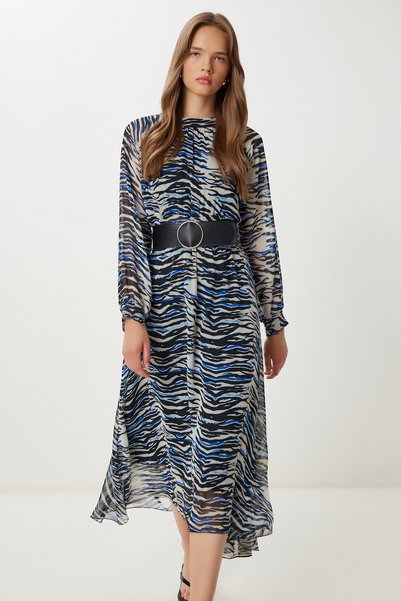 Belted Patterned Flounced Chiffon Dress Lfg0070 Black Bone