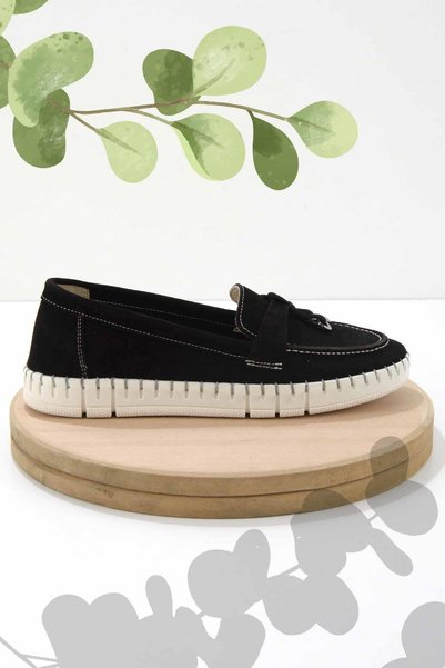 Black Suede Genuine Leather Women's Loafer Shoes01286654002