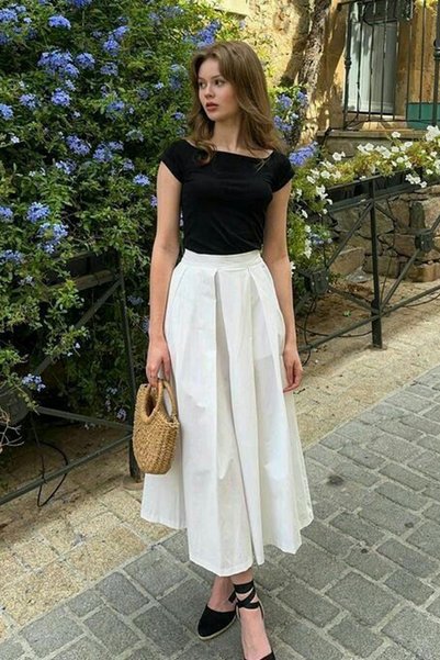 White Pleated Pocketed Women's Midi Length Skirt Mg2536