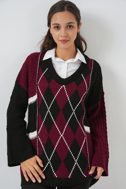 Women's V-Neck Patterned Knitwear Sweater 15933 - Claret Red