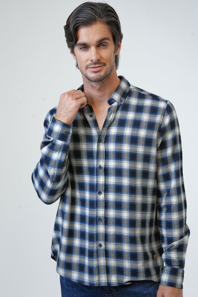 Cotton Plaid Navy Blue Regular Fit Shirt