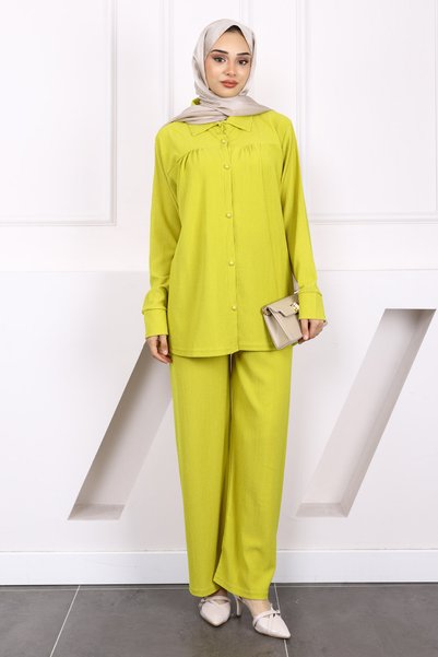 Oil Green Wrinkle Shirt Pants Suit