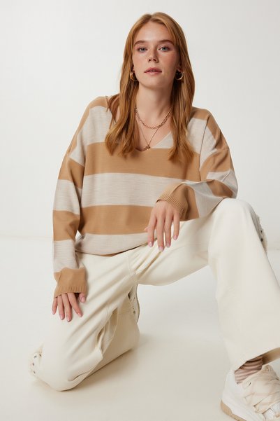 Women's Camel Stone Striped Oversize Sweater Ki̇00164