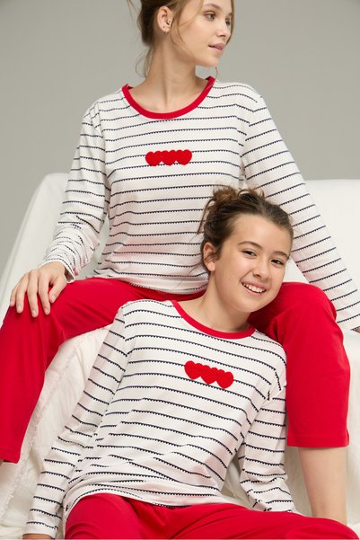 White Navy Heart Pattern Cotton Crew Neck Knitted Pajamas Suit25241144