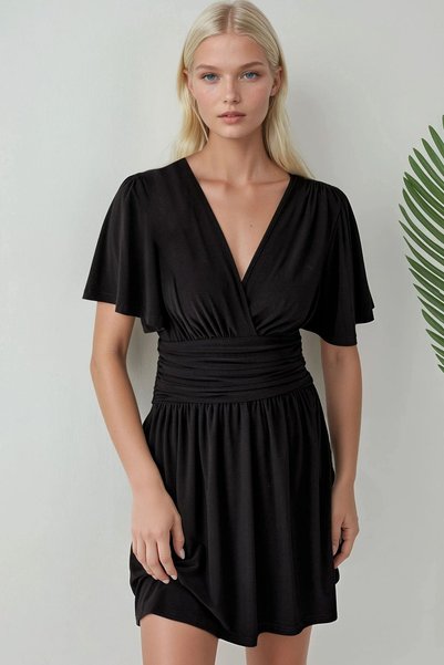 V-Neck Short Sleeve Shirred Mini Dress