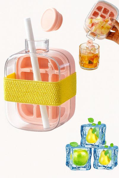 Automatic Press Ice Mold 12 Chamber Ice Box and Water Bottle with Straw Ice Mold with Lid 500 ml