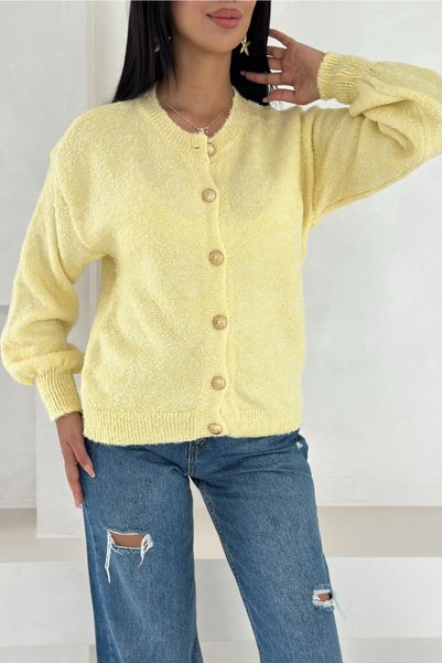 Yellow Gold Button Detailed Knitwear Cardigan Standard Size Soft Texture