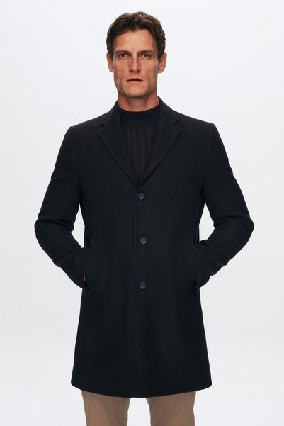 Ds Damat Regular Fit Navy Blue Mono Collar Cashmere Coat