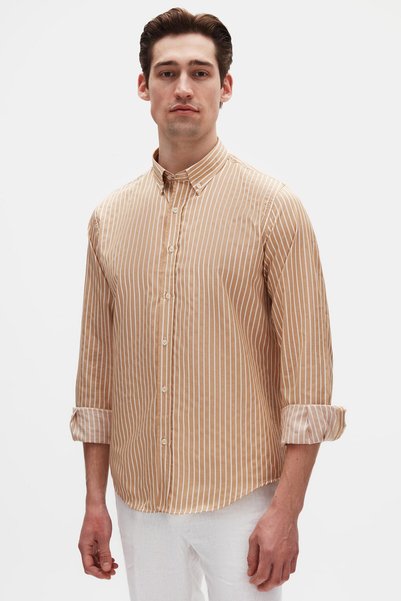 Ds Damat Slim Fit Beige Striped Shirt