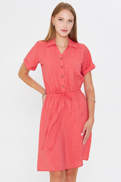 Women's Pomegranate Flower Elastic Waist Short Sleeve Shirt Dress ARM-23Y001035