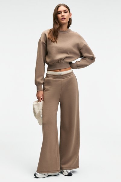 ENAVIE Women's Oversized Elastic-Waist Double-Pocket Taupe Sweatpants