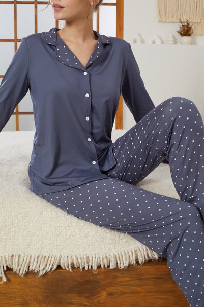 Indigo Points Patterned Shirt Collar Button Milan Knitted Pajamas Suit25224010