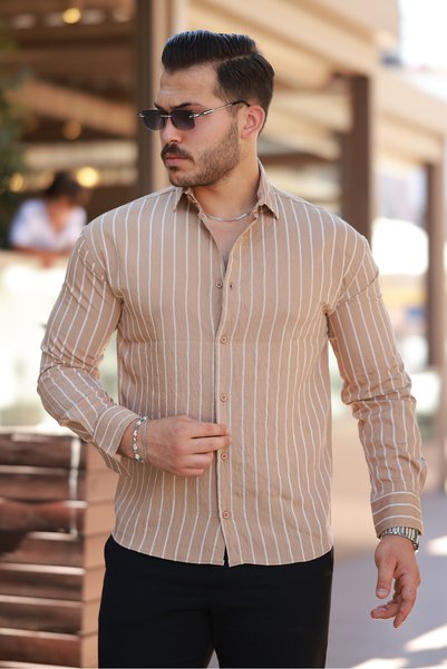 Men's Casual Striped Summer Brown Loose Shirt