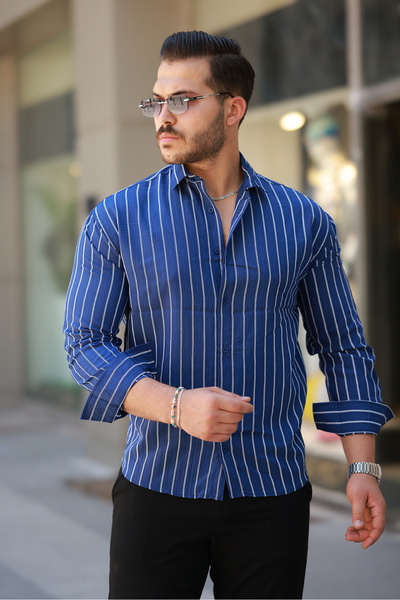 Men's Casual Striped Summer Navy Loose Shirt