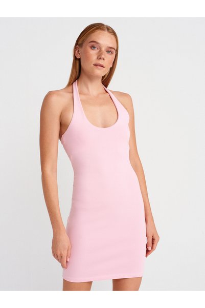 91508 Halter Neck Mini Dress-Powder Pink