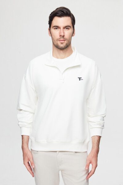 Oversize Ecru Plain Half-Zip Cotton Seasonal Sweatshirt