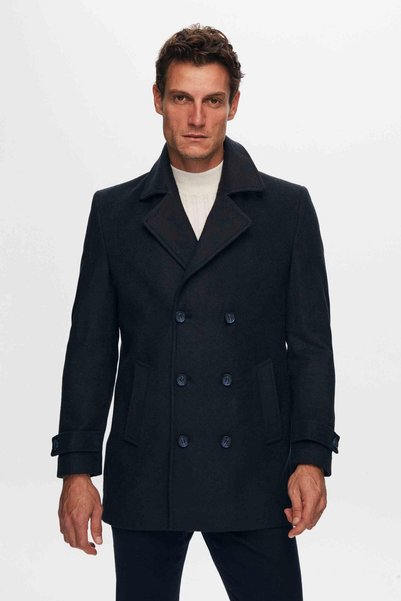 Ds Damat Regular Fit Navy Blue Mono Collar Double Breasted Coat