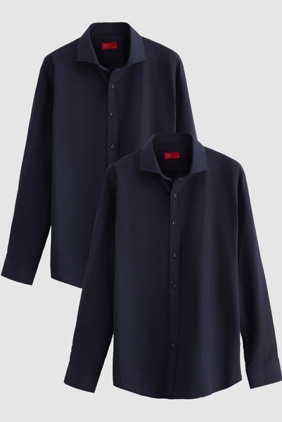 Ds Damat Slim Fit Navy Blue Italian Collar Easy-Iron 2-Piece Shirt