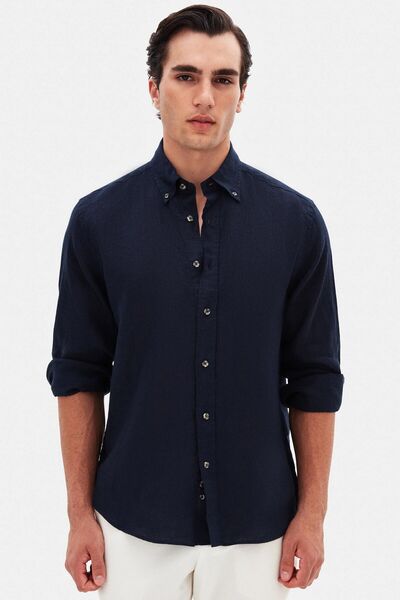 Ds Damat Comfort Navy Blue Plain 100% Linen Shirt