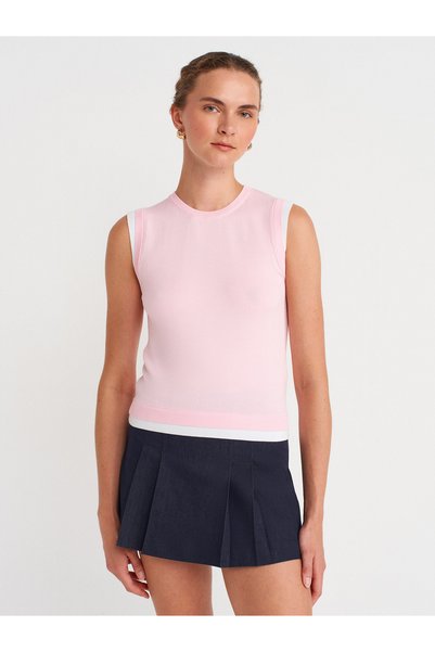 10784 Crew Neck Couple Look Knitwear Blouse-Pink-White