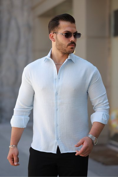 Men's Linen Look Blue Loose Muslin Shirt