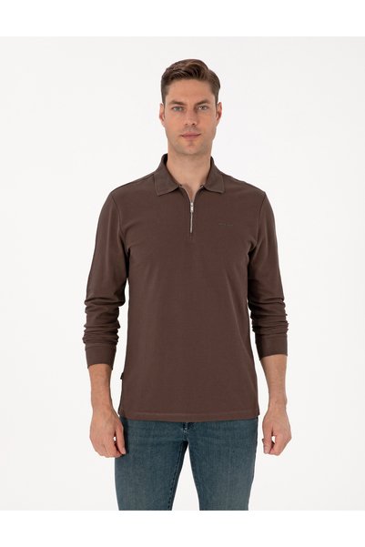 Dark Brown Slim Fit Non-Curling Zippered Polo Collar Basic Pique Sweatshirt 50314046-Vr084