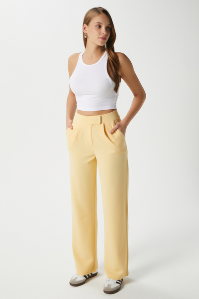 Line Women's Lycra Velcro Closure Butter Yellow Palazzo Trousers
