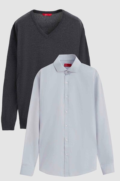 Ds Damat Slim Fit Anthracite Cotton Blended 2-Piece V-Neck Knitwear and Shirt