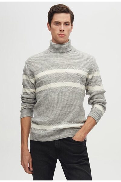 Ds Damat Regular Fit Gray Melange Striped Non-Pilling Full Turtleneck Knitwear Sweater