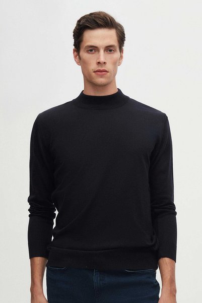 Ds Damat Regular Fit Navy Blue Cotton Blended Half Fisherman Knitwear Sweater