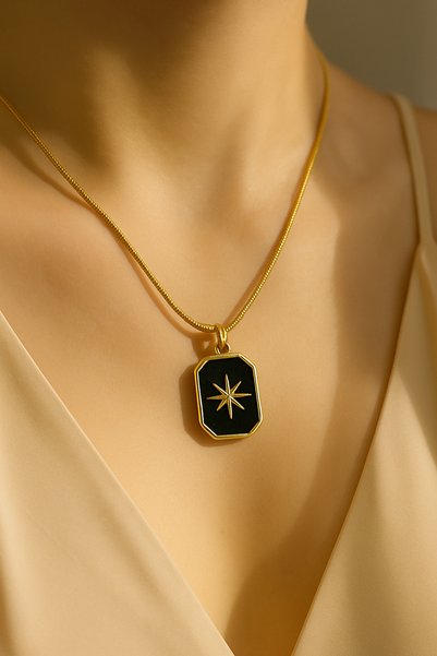 Women's North Star Black Enamel Gold Plated Polar Star Necklace