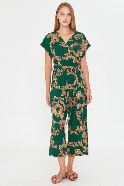 Women's Green-Beige Double Breasted Jumpsuit with Belt Arm-20Y042008