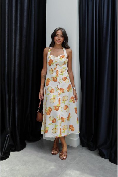 Ecru Orange Patterned Dress