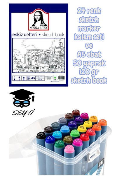 24 Colors Sketch Marker Pen Set and A4 Size 50 Sheets 120 Gr Sketch Book