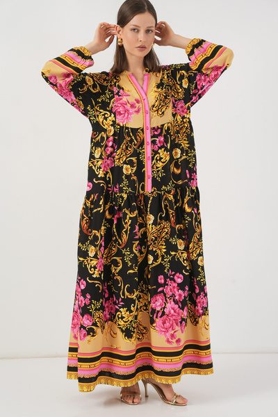 Women's Patterned Long Hijab Dress 2585 - B.Yellow