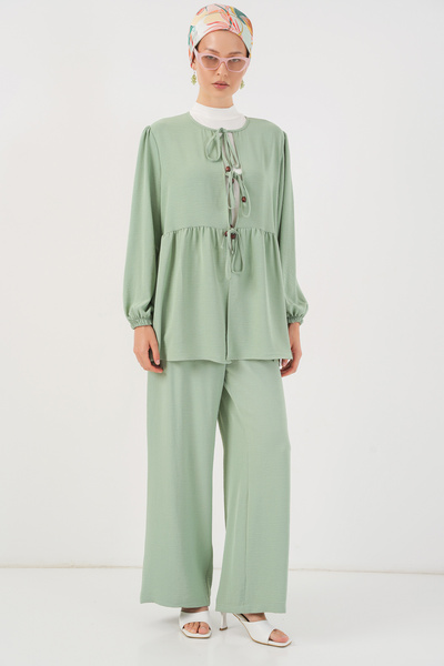 Women's Front Lace-Up Tunic Trousers Double Set 6744 - Mint
