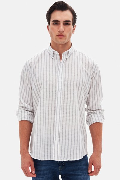 Ds Damat Slim Fit Gray Striped 100% Cotton Summer Linen Shirt