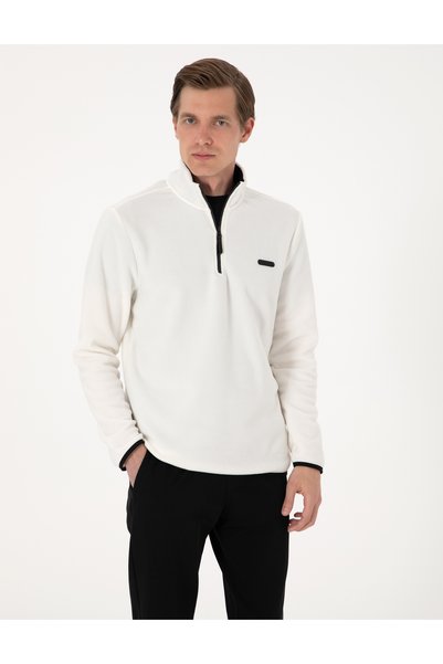 White Regular Fit Half Zipper Fleece Sweatshirt 50314056-Vr013