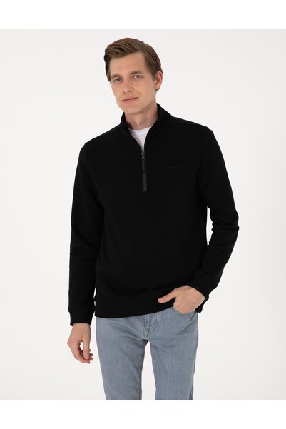 Black 3 Thread Regular Fit Zippered Stand Collar Basic Sweatshirt 50314044-Vr046