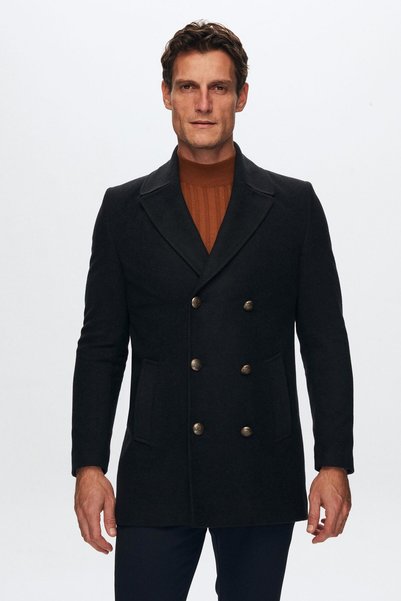 Ds Damat Regular Fit Navy Blue Double Breasted Sailor Metal Button Detailed Cashmere Coat