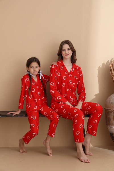 Heart Pattern Suede Knitted Long Sleeve Children's Buttoned Pajama Set