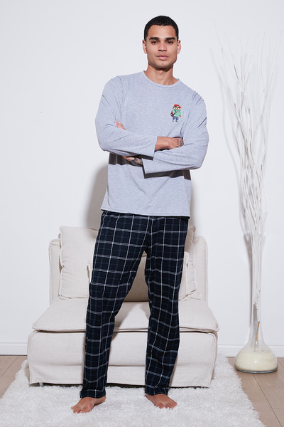 Plaid Regular Fit High Waist Pocket Crew Neck Pajama Set Men's Pajama Set 6574002