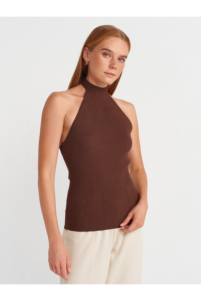 10798 Halter Tie Collar Ribbed Knitwear Blouse-Brown