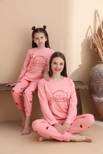 Dark Salmon Heart Pattern Cotton Knitted Long Sleeve Children's Pajamas Set