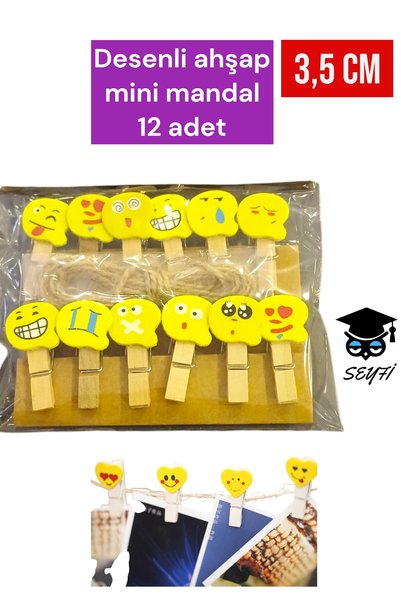 Patterned Wooden Mini Clothes Pegs 12 Pieces 3.5 cm Ornament Pegs