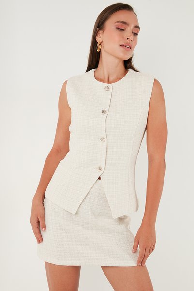 Cotton and Wool Blend Slim Fit Crew Neck Tweed Vest Vest 611Ye00059