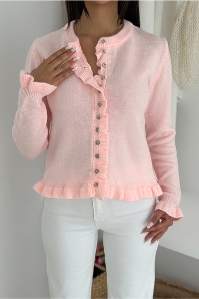 Pink Button Ruffle Detailed Soft Textured Standard Size Knit Cardigan - Long Sleeve Knit Cardigan