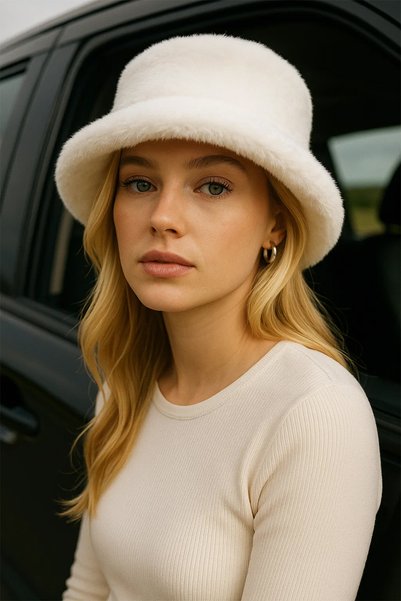 Beige Plush Soft Textured Bucket Hat