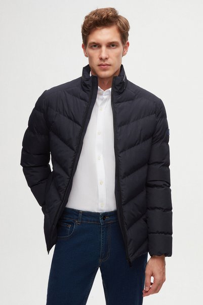 Slim Fit Navy Blue Concealable Hooded Fiber-Filled Windproof Coat