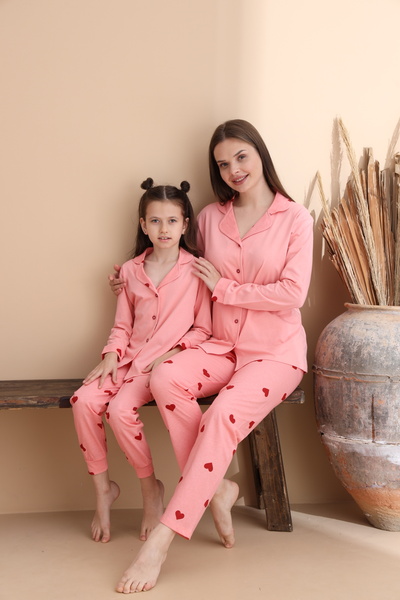 Dark Salmon Heart Pattern Cotton Knitted Long Sleeve Women's Buttoned Pajama Set